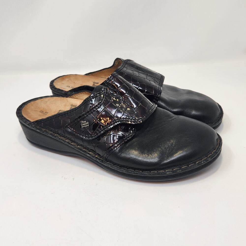 Finn Comfort Aussee Black Brown Croc Leather Mule Clog Women Size 38D US 7.5
